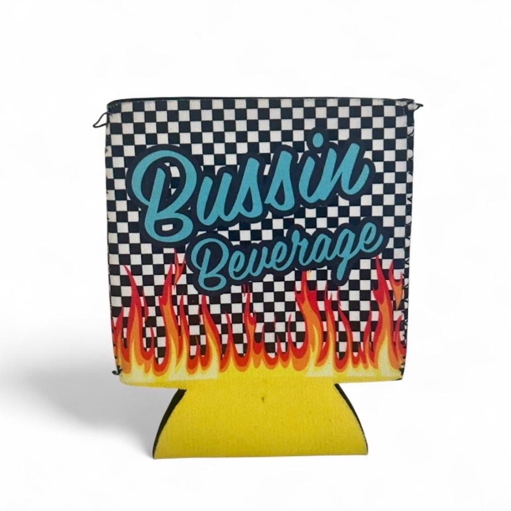 Checkered Bussin Beverage Koozie with Flame Design